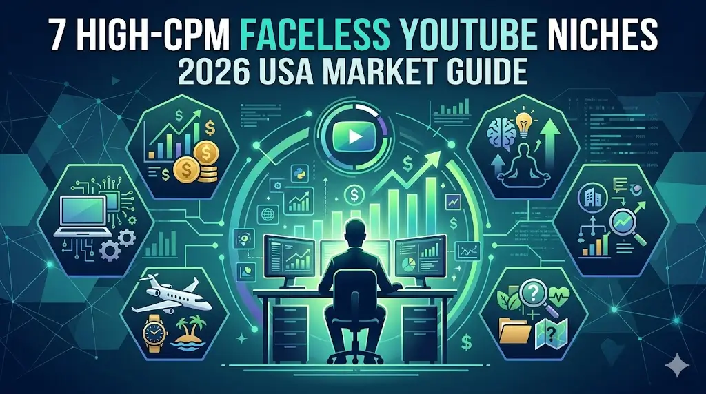 high-CPM faceless YouTube niches 2026 infographic showing professional digital dashboard and USA market revenue growth