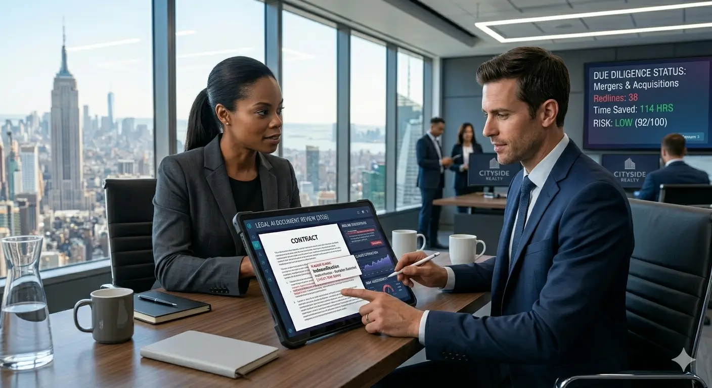 Two professional US corporate lawyers (a woman and a man) actively collaborating on a rugged tablet in a sunlit NYC high-rise conference room, utilizing advanced AI for real-time contract redlining and risk analysis in 2026.