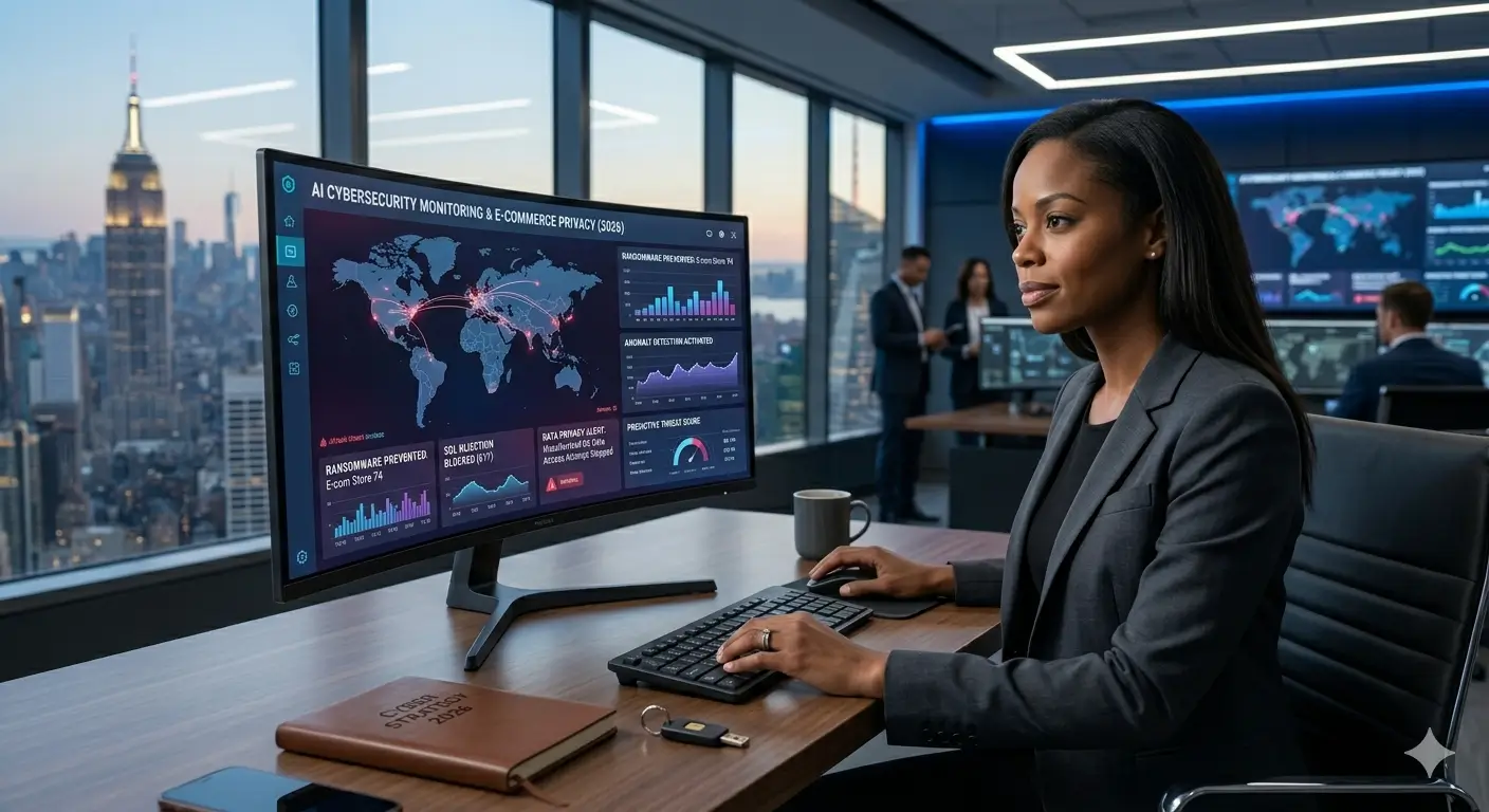 A focused female business professional in a contemporary, sunlit office at dusk, using a large curved monitor displaying a professional ERP Software Integration Dashboard (2026).