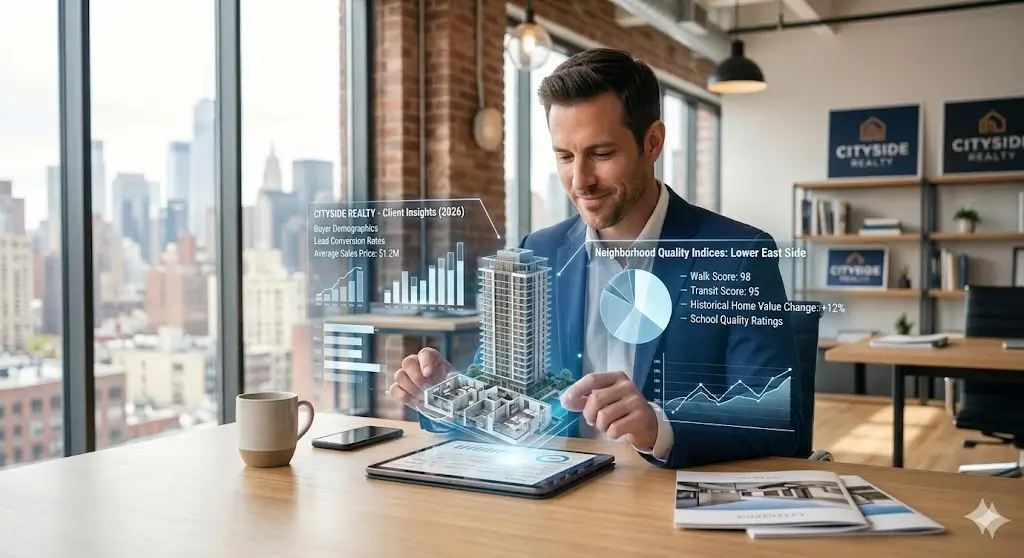 A male real estate agent in a modern New York office, using a complex, dynamic holographic interface projecting from a tablet. The hologram displays dynamic charts of 'Client Insights (2026)', interactive 3D miniature models of residential properties, and predictive data visualizations, representing futuristic real estate AI data analysis.