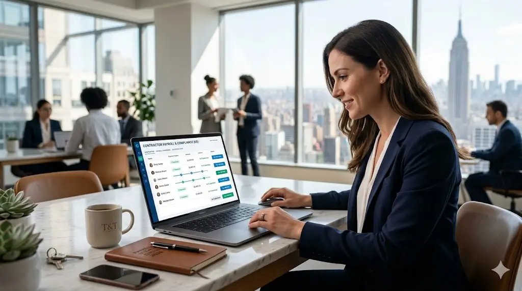 A business professional smiling while using the top payroll software for US contractors on a laptop in a modern office.
