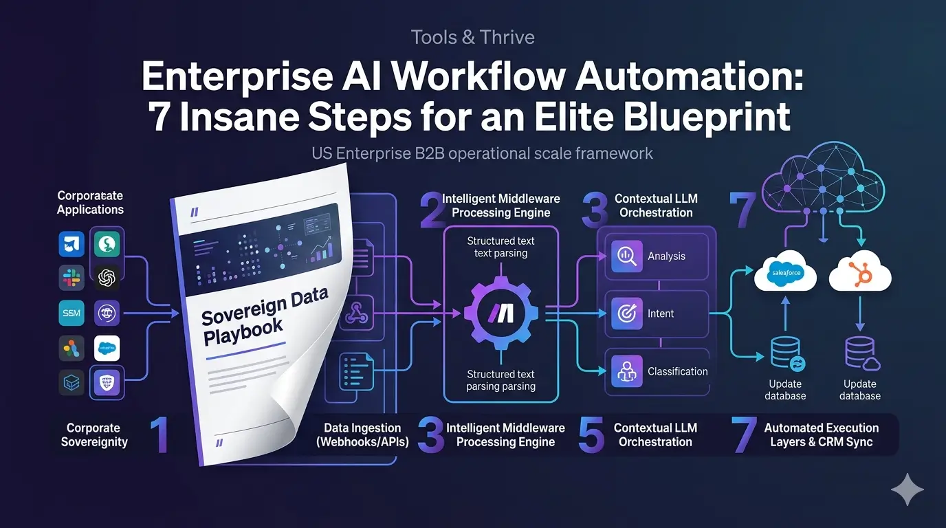 Enterprise AI workflow automation architecture diagram showcasing sovereign data ingestion, intelligent middleware processing, contextual LLM orchestration, and automated CRM execution layers