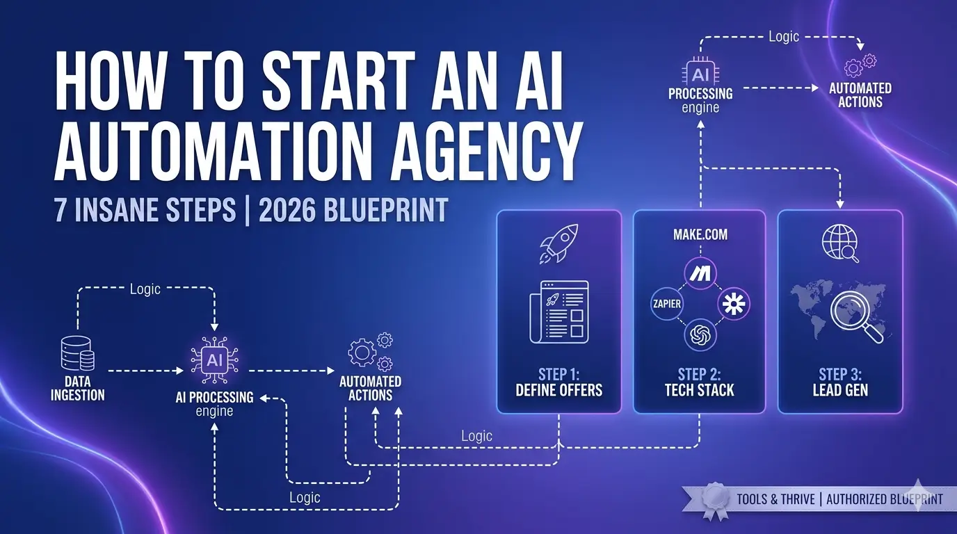 A premium dark blue enterprise banner outlining the core steps and logical architecture on how to start an AI automation agency in 2026.